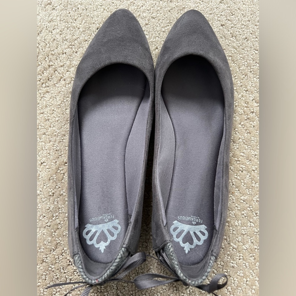 Ballet Flats Size 7.5. Grey suede with plaid detail.